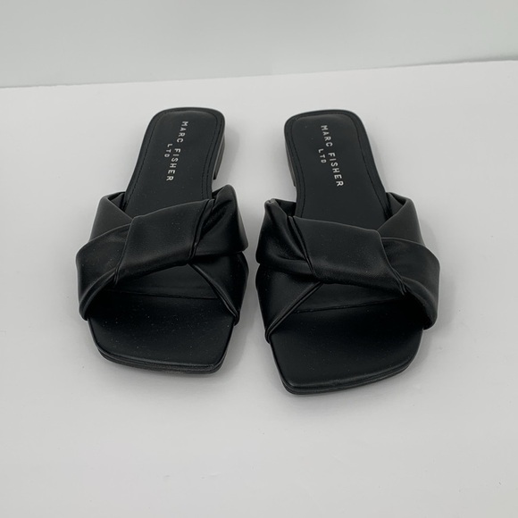 Marc Fisher Mayson slide flat black leather sandal shoe knot square new women 8 - Picture 2 of 6